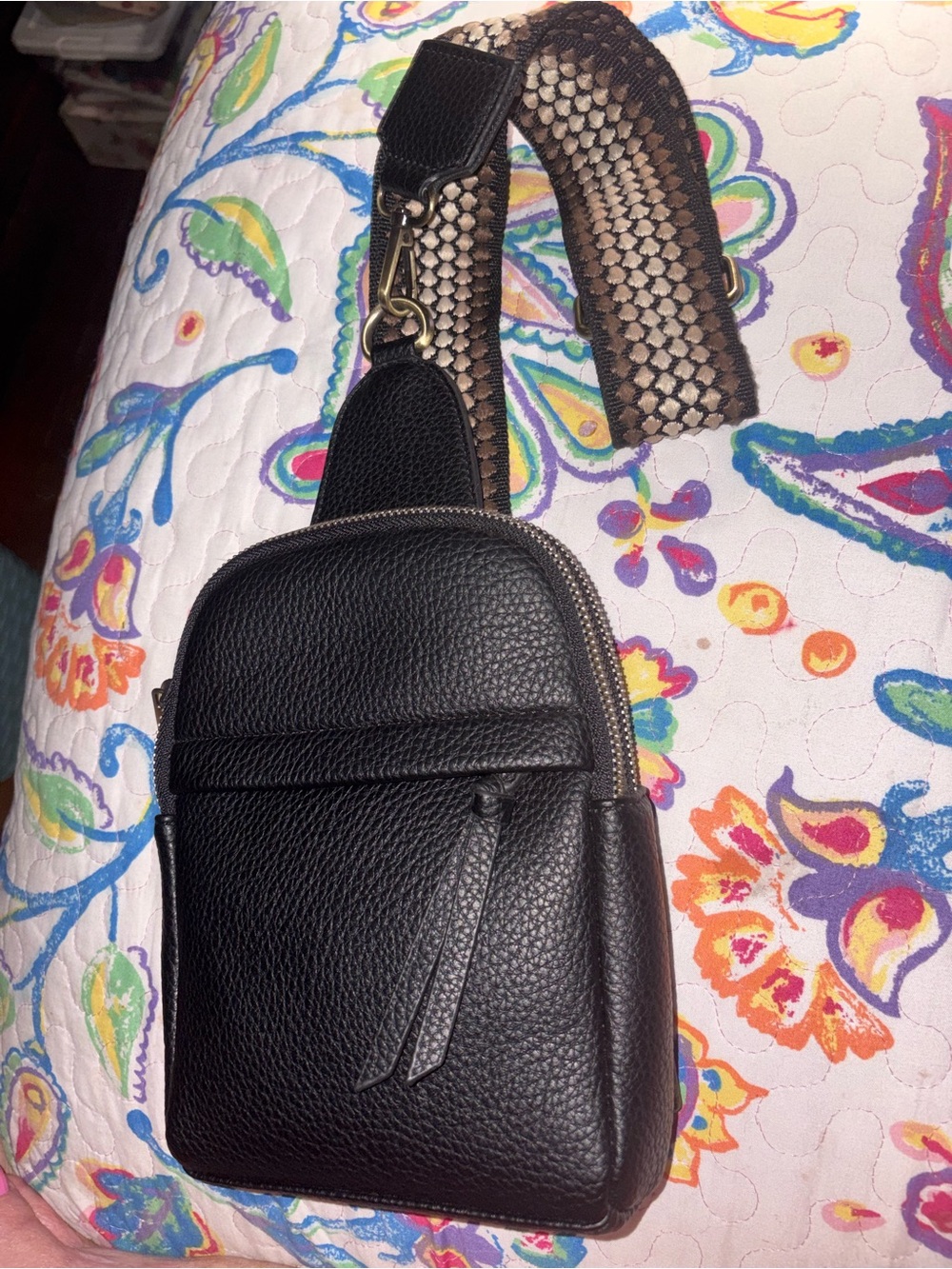 Black Leather Crossbody Sling Bag - Unbranded
